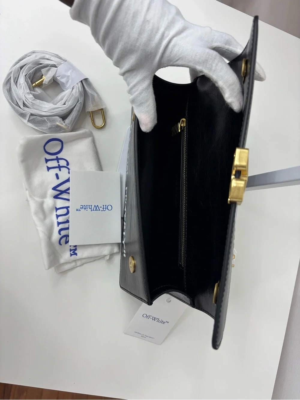 Off-White Black Satchel with Gold Hardware and Top Handle/crossbody